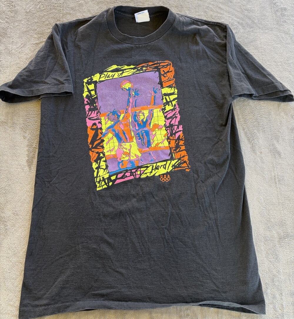 Men’s L Vintage US Olympics Volleyball Tshirt Tee Spike Neon Black 90’s